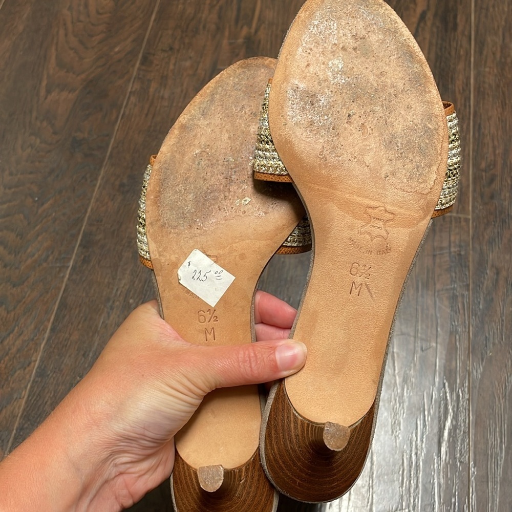 Eric Javits Tan and Gold Woven Slide Sandals - Picture 6 of 12